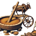 A traditional wooden bail kolhu illustrating the authentic, slow-speed oil extraction process used for Seraphic Sun cold-pressed oils.