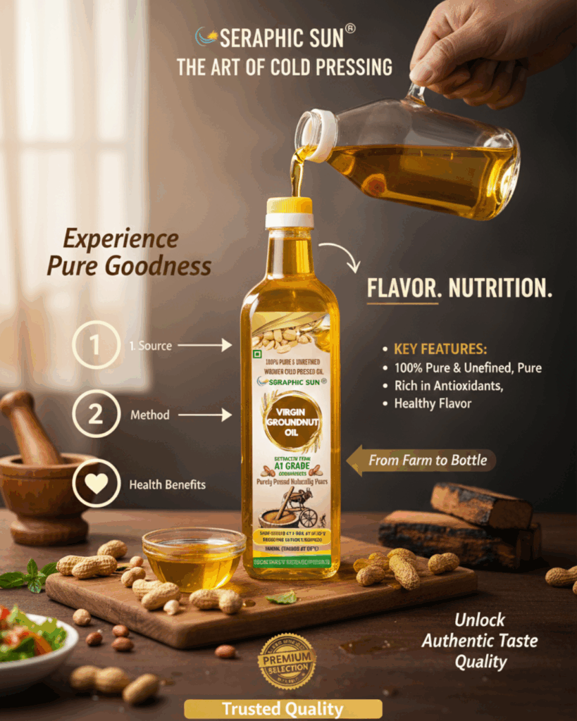 Experience the true essence of purity with Seraphic Sun Cold Pressed Groundnut Oil 🌿✨ From carefully sourced A-grade groundnuts to traditional cold pressing, every drop is crafted to deliver unmatched flavor, nutrition, and authenticity.