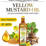 Seraphic Sun 100% pure wooden cold pressed yellow mustard oil bottle with yellow mustard seeds and traditional wooden ghani