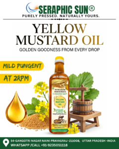 Seraphic Sun 100% pure wooden cold pressed yellow mustard oil bottle with yellow mustard seeds and traditional wooden ghani