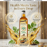 Seraphic Sun pure wooden cold pressed black mustard oil bottle with natural vitamins and wooden ghani extraction badge