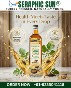 Seraphic Sun pure wooden cold pressed black mustard oil bottle with natural vitamins and wooden ghani extraction badge