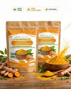 Two pouches of Seraphic Sun Lakadong Turmeric Powder on a wooden surface with raw turmeric roots and a bowl of loose powder, featuring labels for 100% pure, high curcumin, and natural.