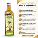 A bottle of Seraphic Sun Black Sesame Oil alongside a feature list highlighting it as 100% pure and unrefined, wooden cold pressed, made from A1 grade seeds, slow-pressed, and rich in calcium and antioxidants.