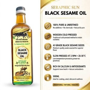 A bottle of Seraphic Sun Black Sesame Oil alongside a feature list highlighting it as 100% pure and unrefined, wooden cold pressed, made from A1 grade seeds, slow-pressed, and rich in calcium and antioxidants.